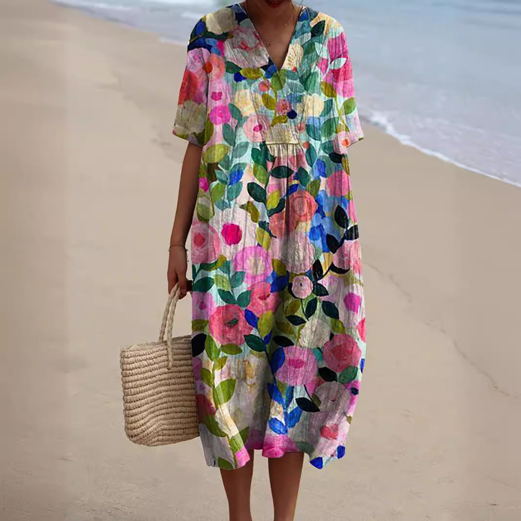 Kleid Leni – Midi, Blumenprint, V-Ausschnitt – Produktansicht