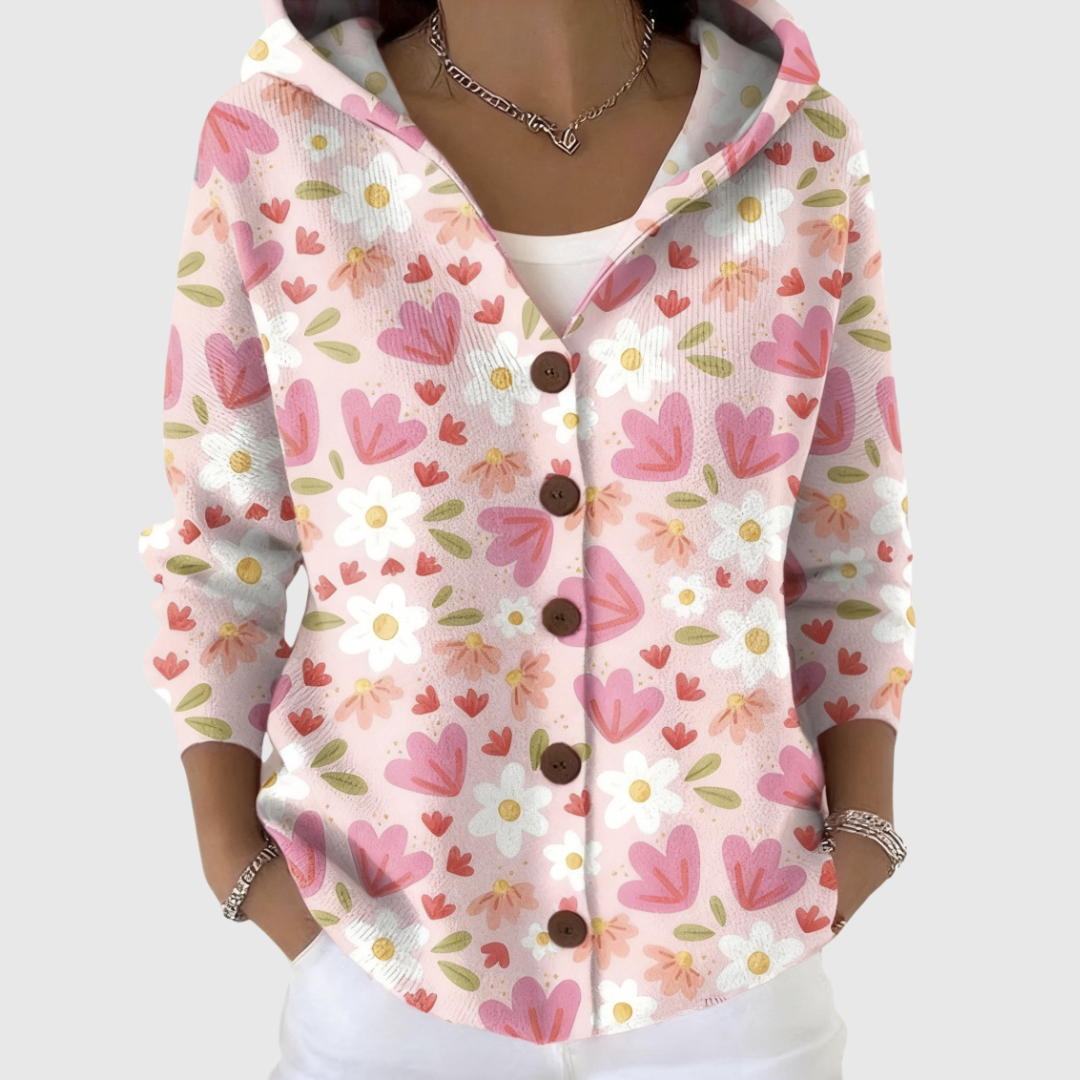 Lina Strickjacke mit Kapuze und Blumenprint – Rosa – Produktansicht