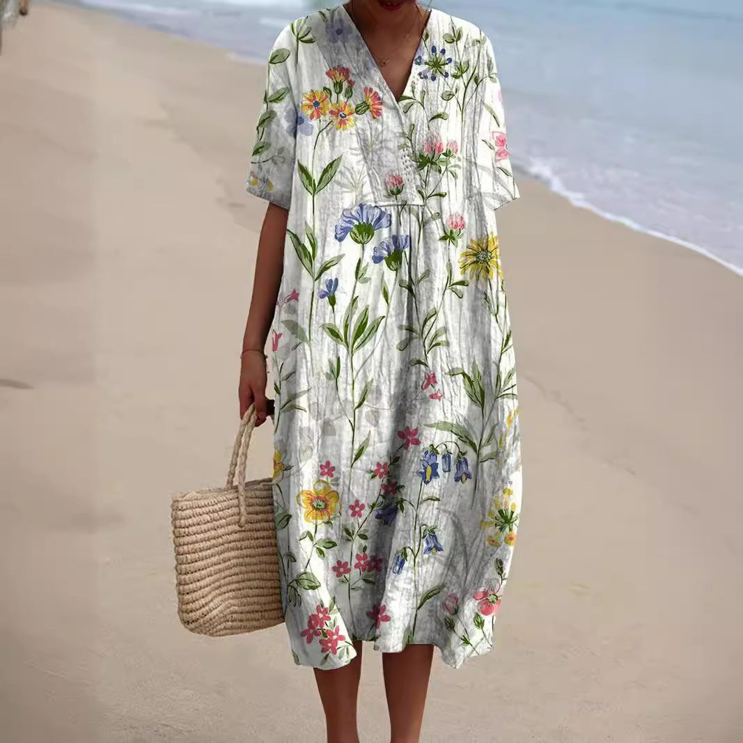 Kleid Leni – Midi, Blumenprint, V-Ausschnitt – Produktansicht