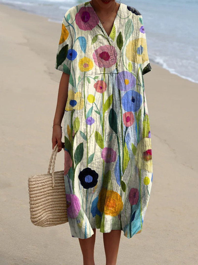 Kleid Leni – Midi, Blumenprint, V-Ausschnitt – Produktansicht